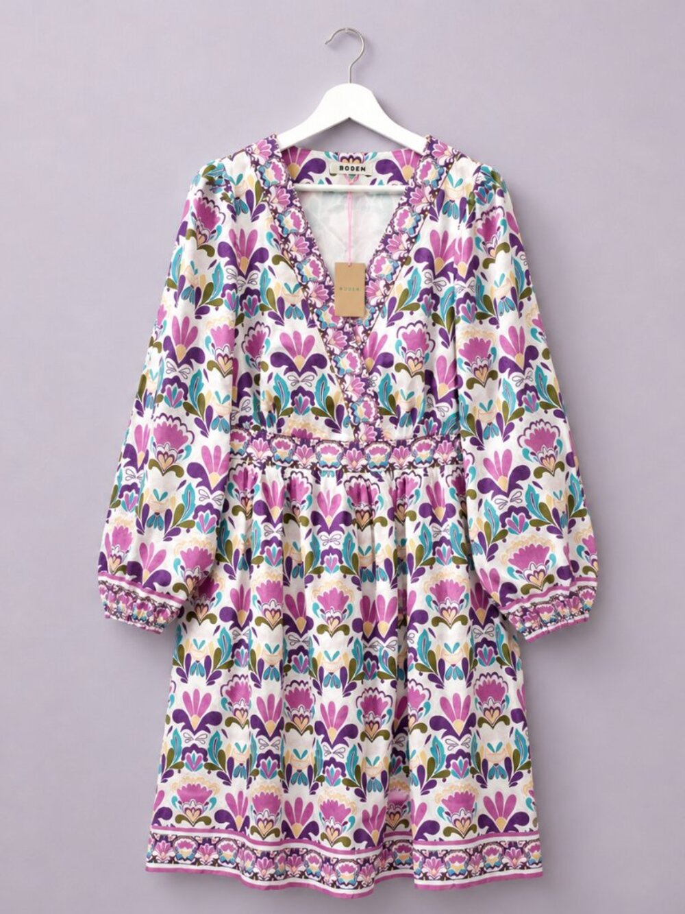 Boden Mya Cotton Long-Sleeve Floral V-Neck Mini Dress Size 12R NWT